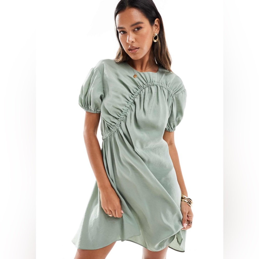 ASOS DESIGN Cupro puff sleeve mini smock dress with ruching detail